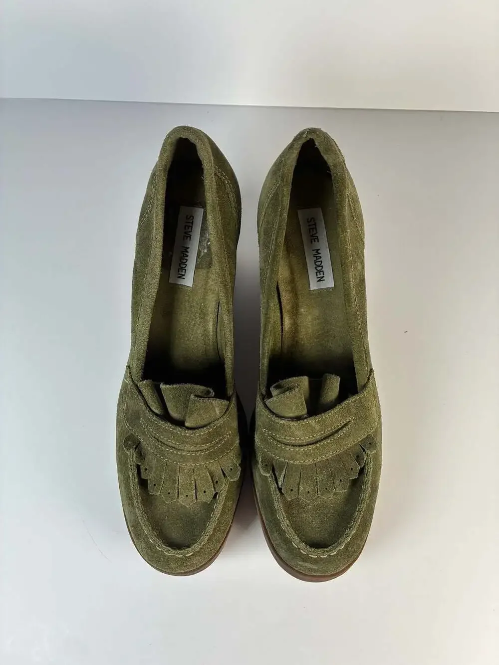 Steve Madden Olive Green Suede Fringed Wedge Loafer Pumps